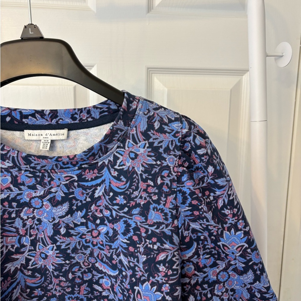 Masion D’Amelie Floral Print Blue Crewneck Puff Sleeves Sweatshirt Medium - Picture 8 of 12